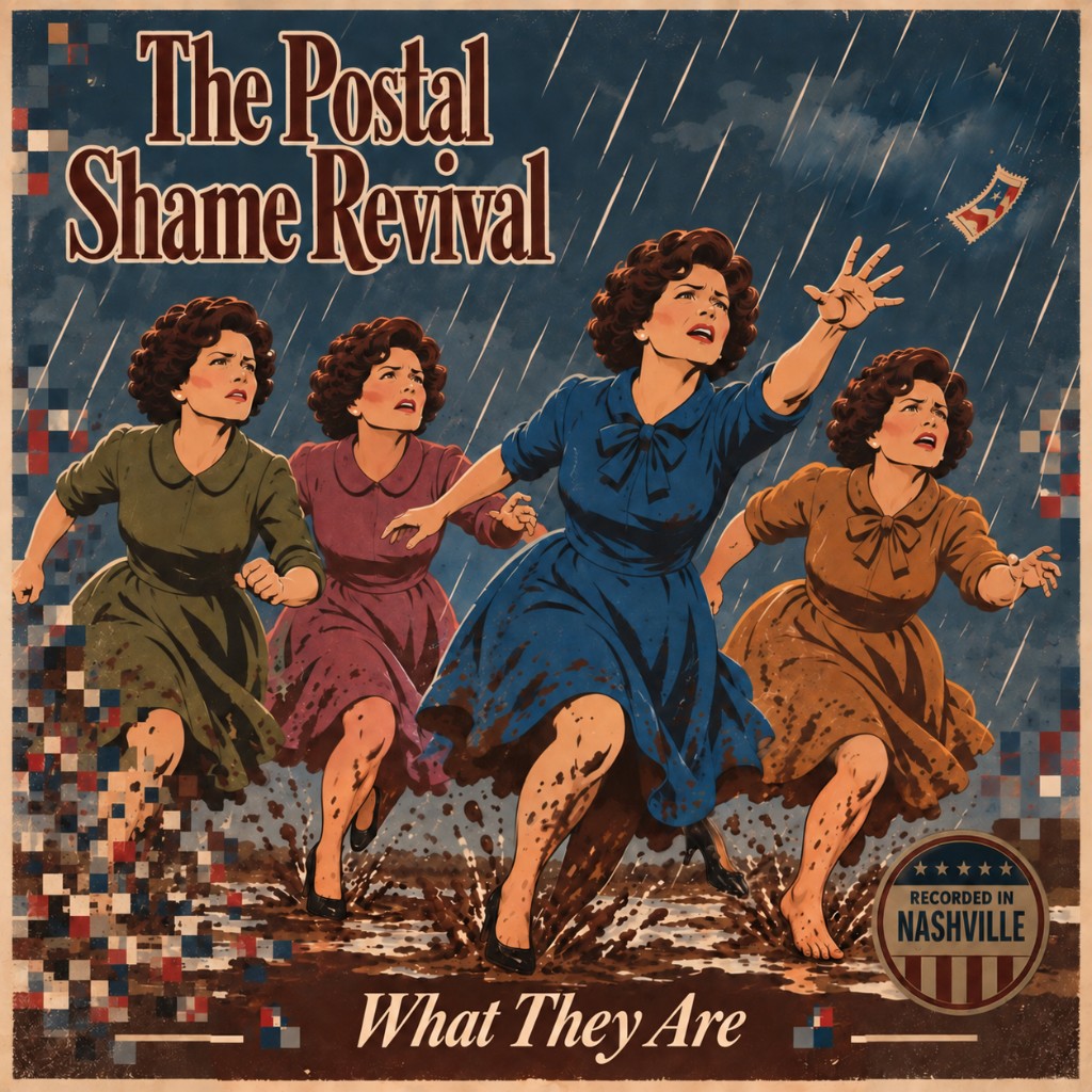 Album cover for What They Are by The Postal Shame Revival. Four women in green, mauve, blue, and tan run through the rain. The badge reads Recorded in Nashville.